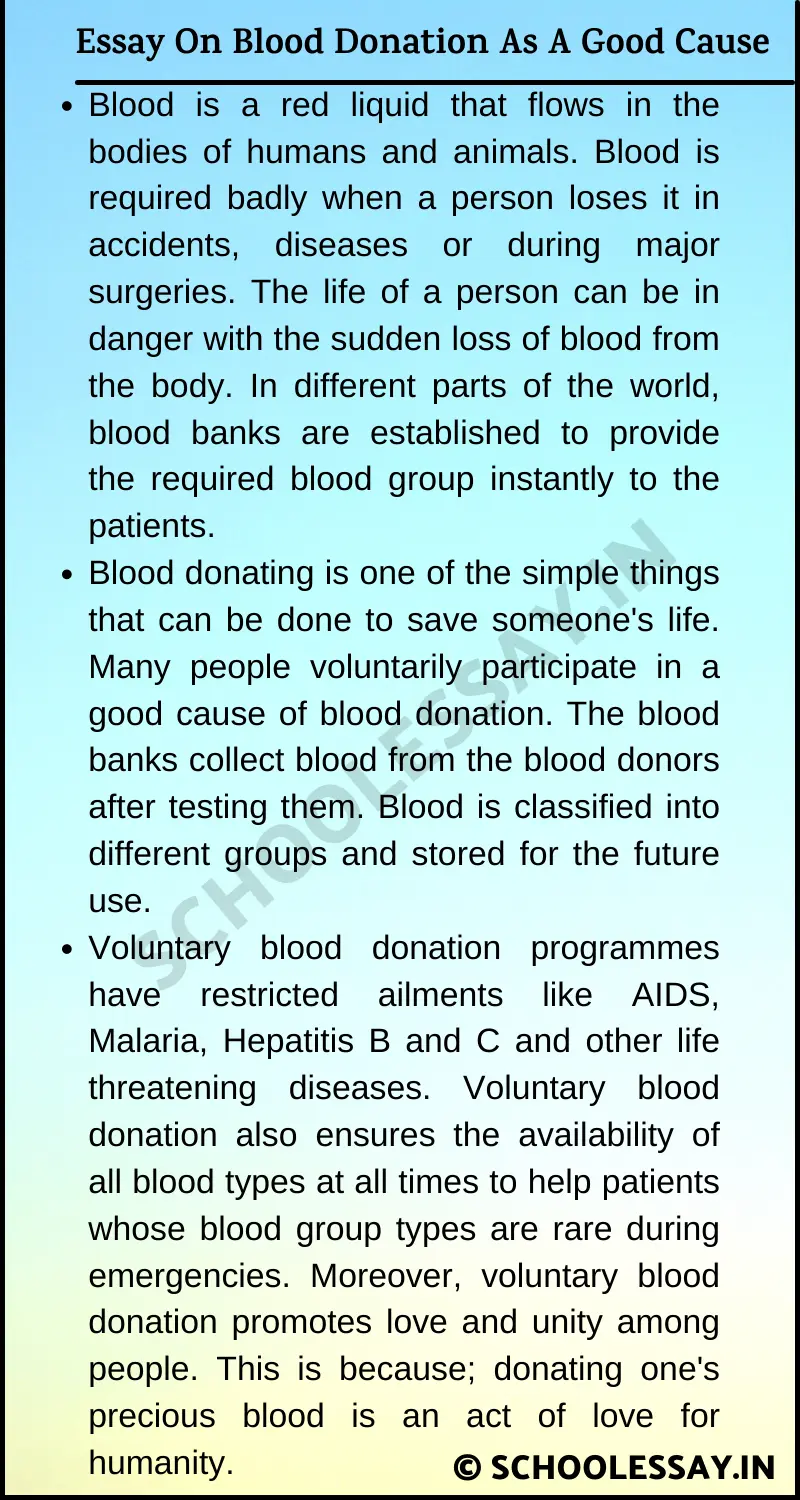 Essay On Blood Donation As A Good Cause