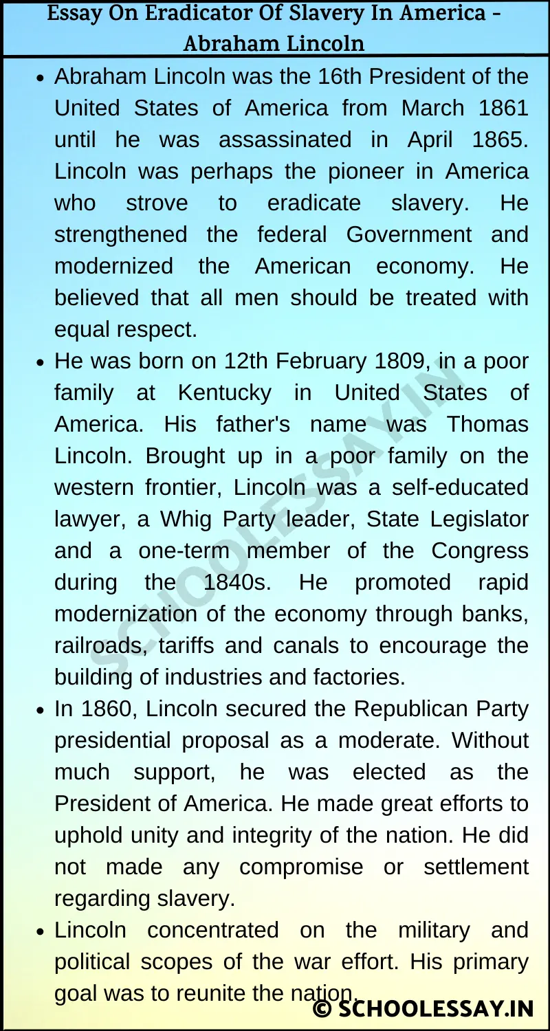 Essay On Eradicator Of Slavery In America Abraham Lincoln