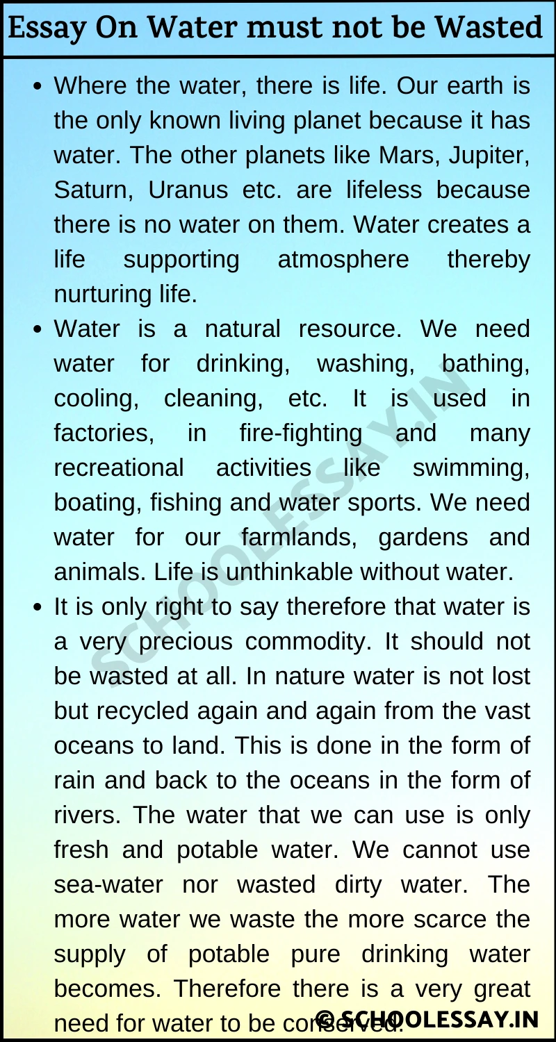 Essay On Water must not be Wasted