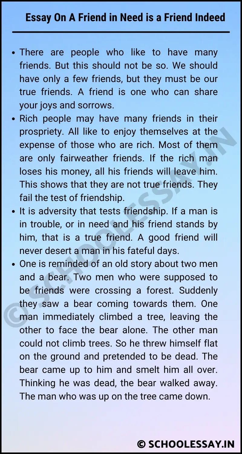 a friend in need is a friend indeed story essay
