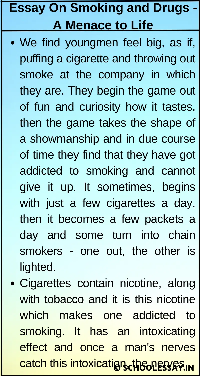 Essay On Smoking and Drugs - A Menace to Life