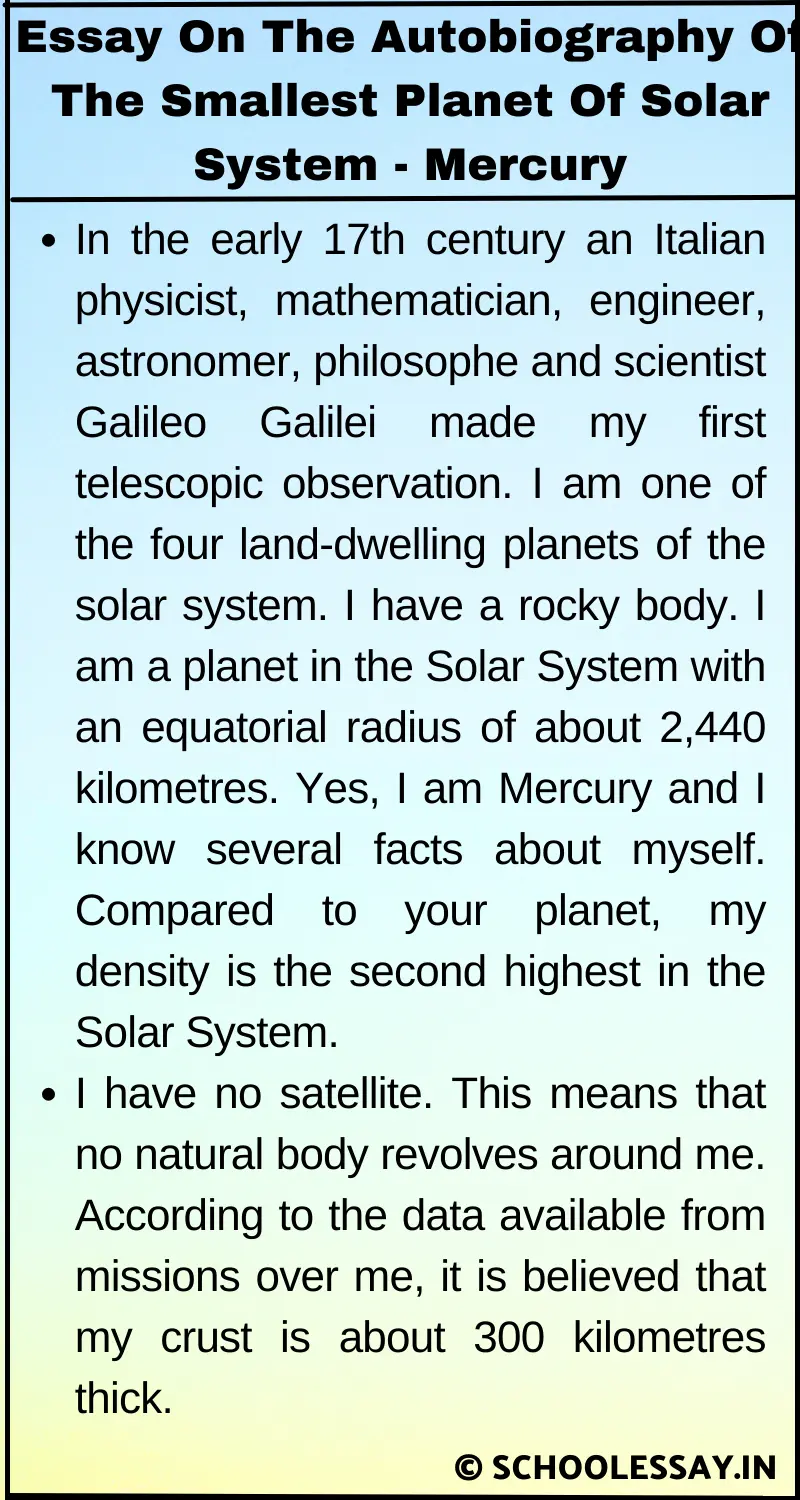 Essay On The Autobiography Of The Smallest Planet Of Solar System - Mercury